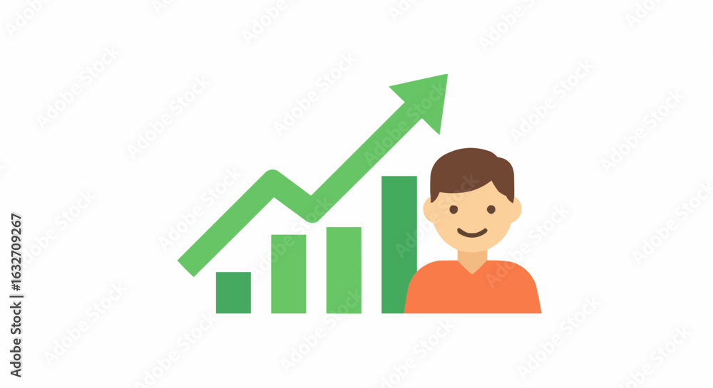 Poster man standing next to a green graph with an arrow pointing upwards showing positive growth and succes