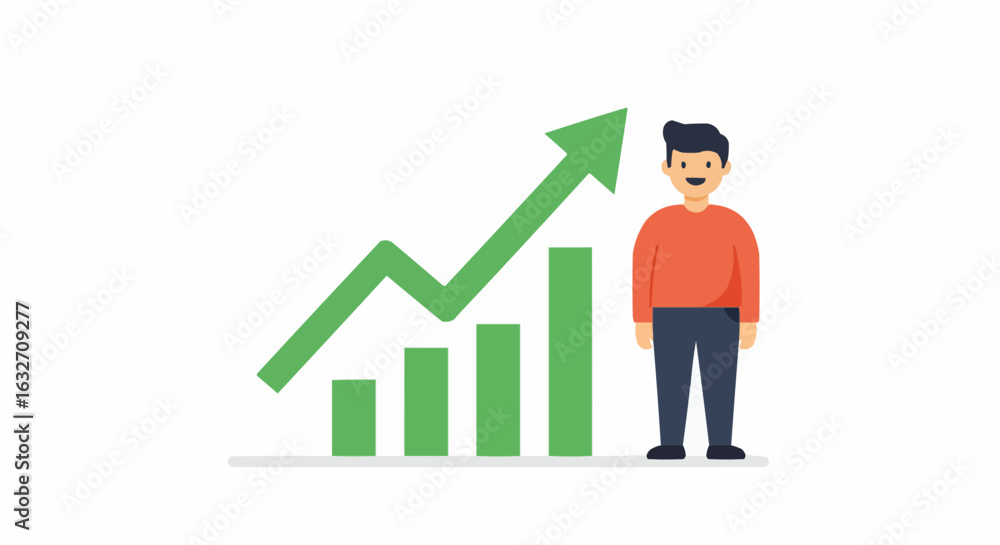 Poster man standing next to a green bar chart with an arrow pointing upwards showing growth and success
