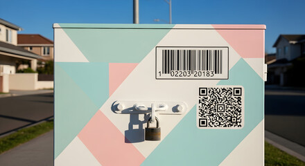 Colorful Electrical Box In Suburban Area Featuring Barcode and Security Lock