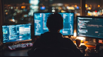 Developer in dark office coding on multiple screens only silhouette visible in monitor glow