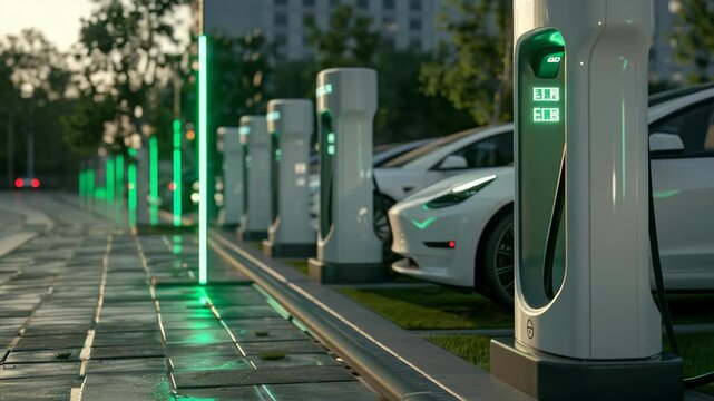 Row white electric vehicles charging at public charging station on city street. Green neon lights add modern touch, emphasizing eco-friendly, sustainable nature infrastructure.