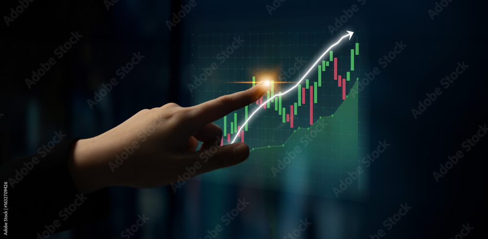 Poster a close-up of a hand interacting with a stock market graph displaying an upward trend. the image rep