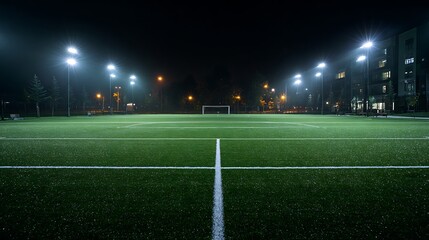 Fototapeta premium Illuminated green soccer field with goal at night image