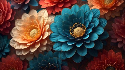 Bold Blooms: A Colorful Floral Pattern of Chrysanthemums, Chrysanthemum Arrangement: A Vibrant Display of Teal, Orange, and Red Flowers