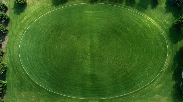 Lush green oval sports field with concentric mowing patterns grass