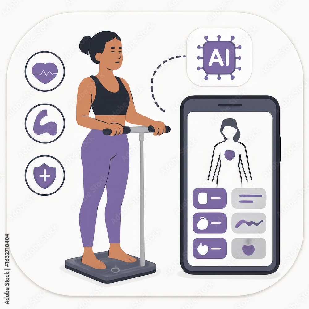 Aufkleber woman monitoring health and fitness through artificial intelligence on digital scale displaying biom
