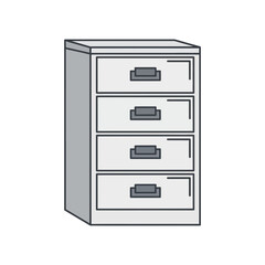 A filing cabinet with four drawers and handles is shown.