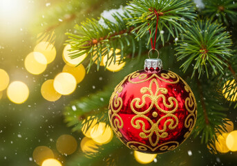 Festive red christmas ornament dangles on a fir tree branch with bokeh lights