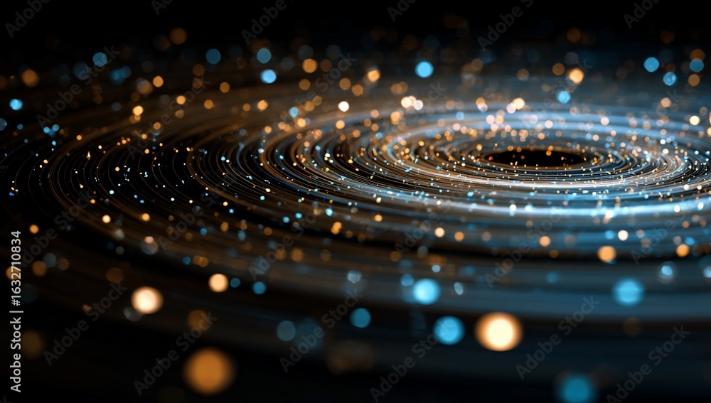 Poster abstract swirling spiral with glowing particles. a dark background is filled with concentric rings o