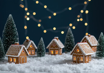 Fototapeta premium A charming christmas village scene featuring illuminated gingerbread houses nestled in snow, surrounded by frosted pine trees and twinkling fairy lights