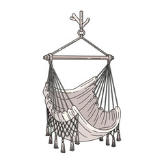 Hanging hammock chair with ropes tassels and wooden support illustration.
