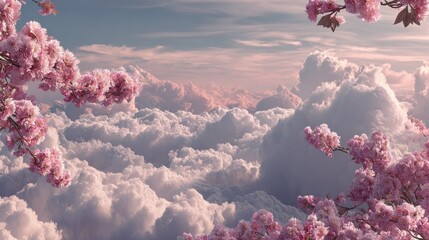 Pink blossoms adorn tree branches over cloudscapes in the sky, offering serene beauty and springtime appeal