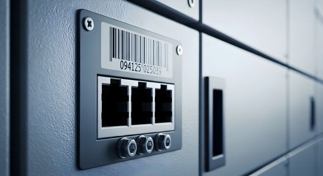 Control Panel With Network Ports And Barcode Label In Server Room