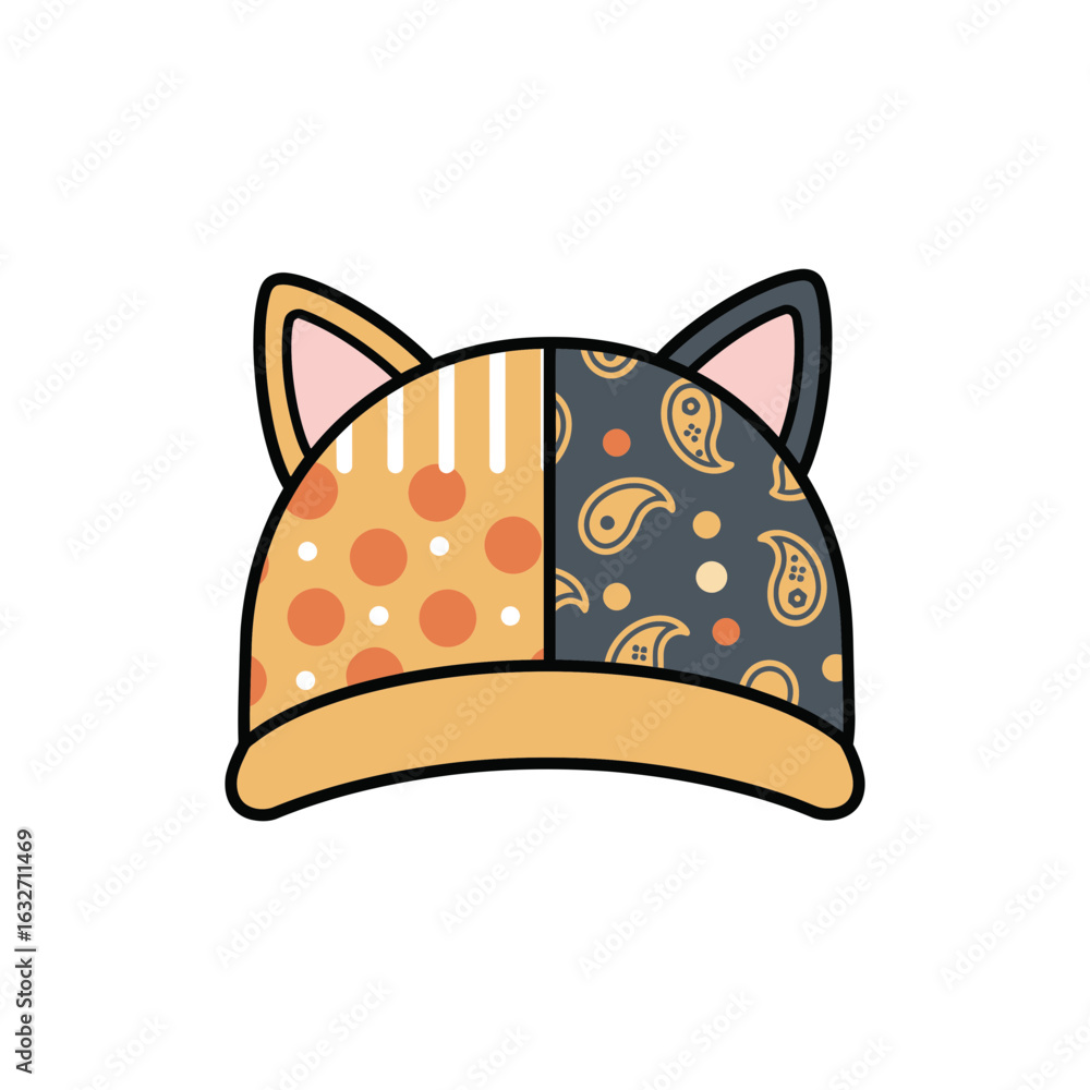 Poster cartoon cat hat with different patterns on each side and cat ears.