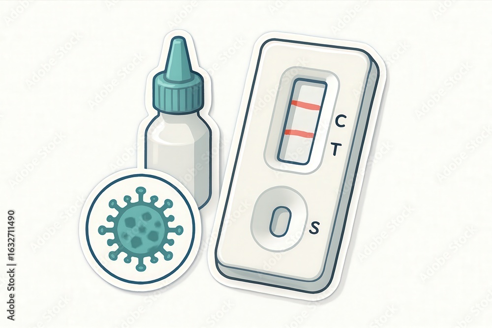 Poster digital visualization of a health testing kit featuring a test strip and vial representative of cont