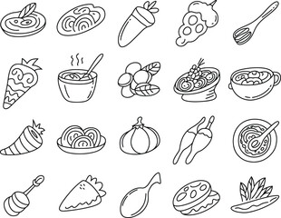 Hand Drawn Food Icons Set Outline Vector Illustration with Fruits Vegetables and Dishes for Menu Design and Culinary Concepts