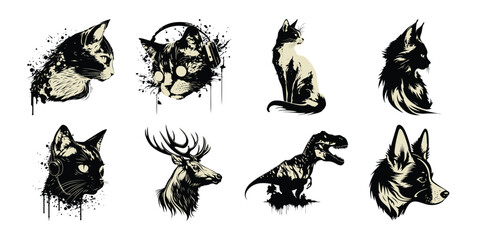 Illustration of diverse artistic collection of animal portraits in a distressed ink style, featuring cats, wolves, a deer, and a tyrannosaurus rex, all isolated on a white background