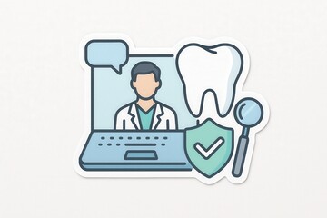 Fototapeta premium Digital dentistry concept featuring online consultation with dentist symbolized by laptop screen and dental tools illustrating modern healthcare reshaping patient interactions and enhancing