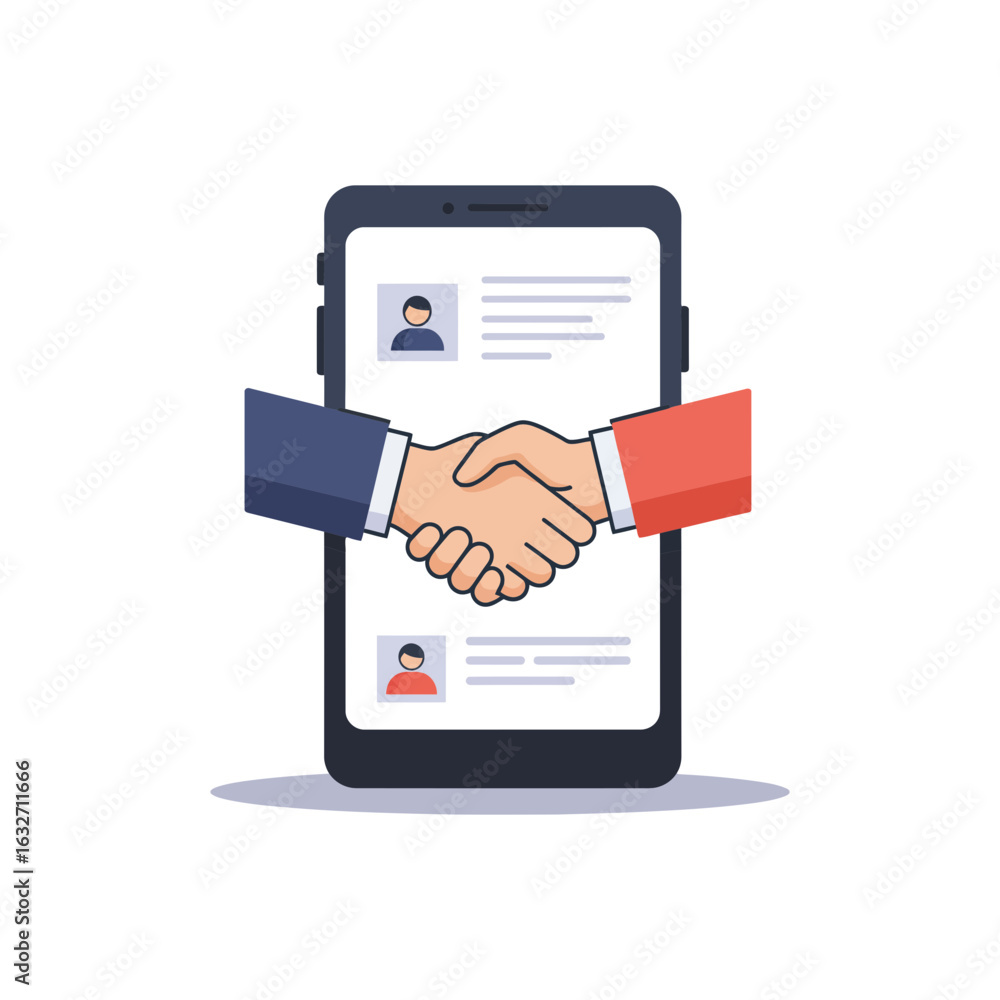 Poster hands shaking emerge from a smartphone screen displaying profile information.