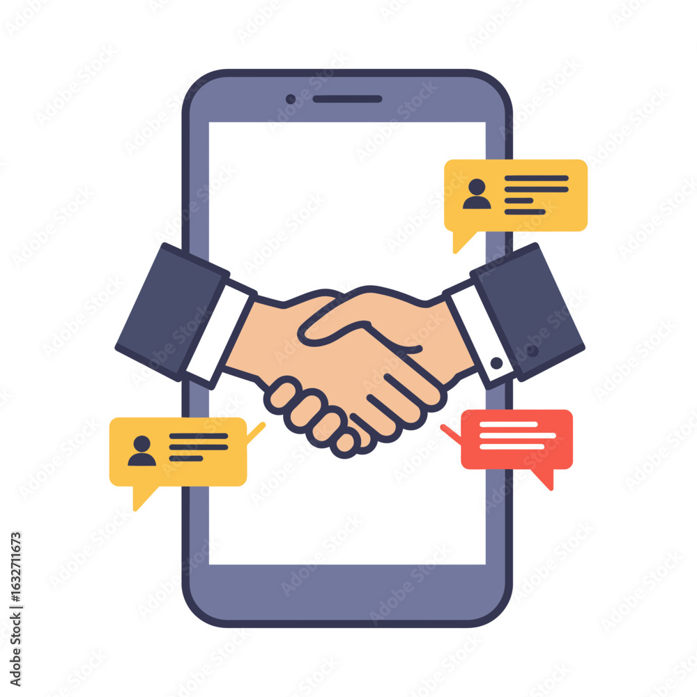 Poster handshake on a smartphone screen with speech bubbles representing communication.