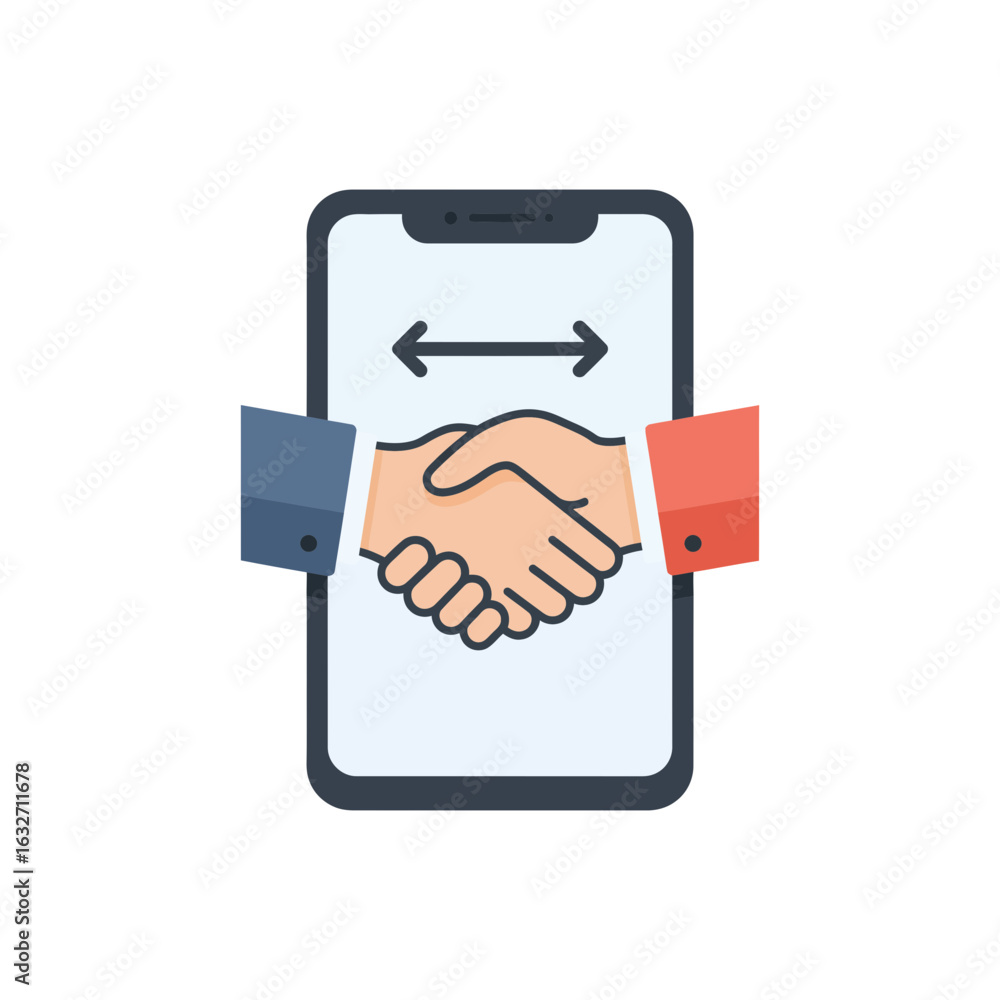 Aufkleber two hands shaking inside a smartphone screen with arrows pointing left and right.