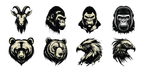 Illustration of assortment of pixel art style animal heads including a goat, gorillas, bears, and eagles, isolated on white background © mohsin