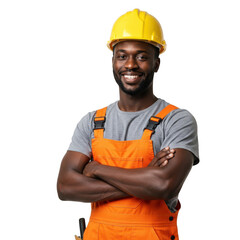 Smiling african american construction worker wearing a yellow hard hat and orange overalls with arms crossed isolated on transparent background