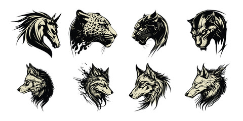 Illustration of collection of stylized animal heads including a horse, leopard, panther, and wolves, presented as graphic illustrations with a grunge, inklike texture, isolated on a white background