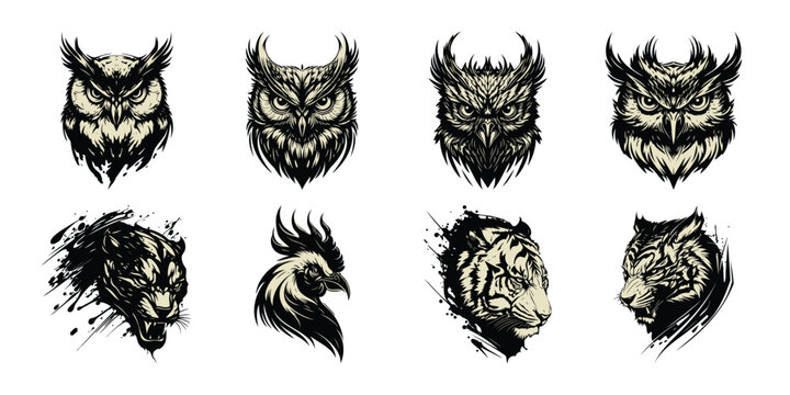 Illustration of compilation of eight distinct animal head graphics, isolated on white background, including owls, a rooster, and tigers, rendered in a bold, stylized artistic manner