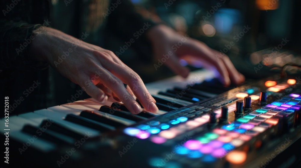 Poster first-person view of hands playing synthesizer with colorful led feedback