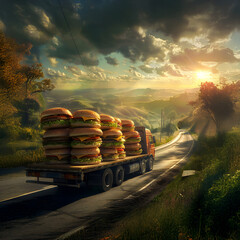 Cargo truck full of hamburgers on the road in the american countryside and sunset. Concept of high quality food products, cargo and shipping.