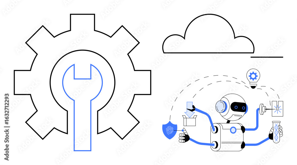 Poster robot multitasking with tools, lightbulb, and shield beside a gear and cloud icon. ideal for automat