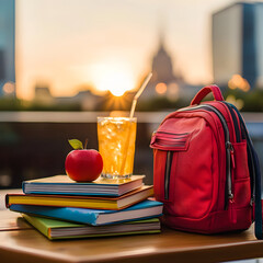 Textbooks, apple, and backpack on a rooftop café table with summer drinks and city skyline—evoking urban ambition and poetic contrast between study and leisure.