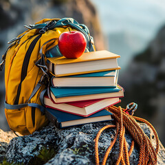 Textbooks, apple, and backpack rest on a rocky cliff ledge with climbing gear and mountain view—symbolizing contrast between education and adventure in summer light.