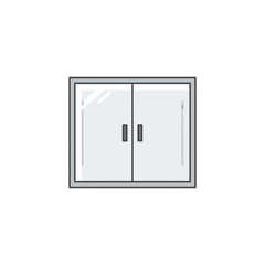 A closed glass shower door with two handles.