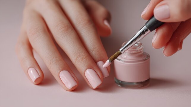 First-person view of precise nail polish application in pastel tones