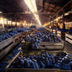Blue grapes harvested in wooden boxes in a warehouse. Natural organic fruit abundance. Healthy and natural food storing and shipping concept.