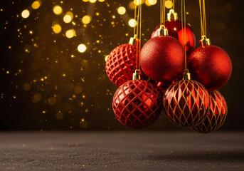 Festive red christmas ornaments with bokeh lights