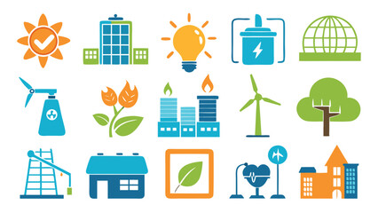  Renewable energy and sustainable power generation icons set with eco-friendly vector illustrations