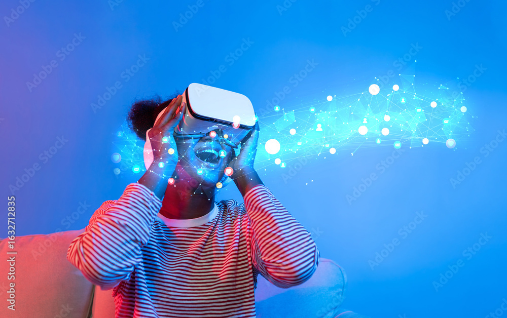 Poster a joyful person interacts with a virtual reality headset, surrounded by dynamic digital elements. th