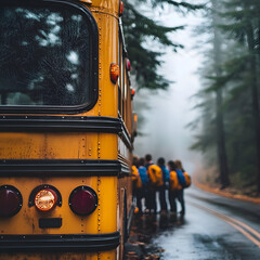 Yellow school bus stands in sharp focus on misty mountain road as school children wait nearby; fog, autumn trees, and soft light evoke adventure and remote learning.