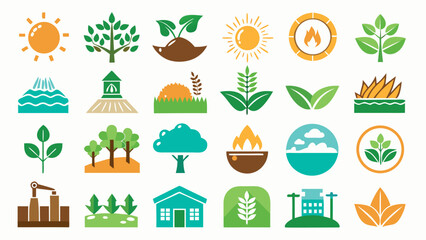Ecology and nature icons set with plants, sun, water, and trees vector illustration
