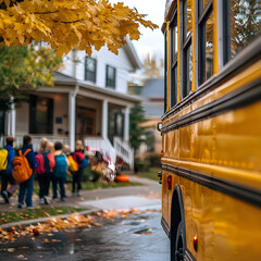 Yellow school bus parked in misty suburban neighborhood as children wait beside it; autumn leaves, and warm light evoke nostalgia, motion, and back-to-school charm.