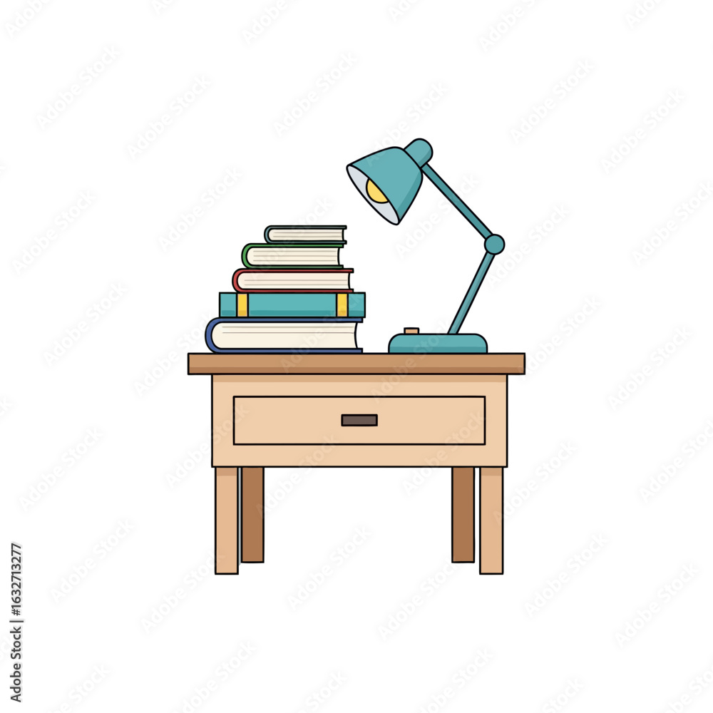 Poster stack of books and a lamp on a wooden table with a drawer.