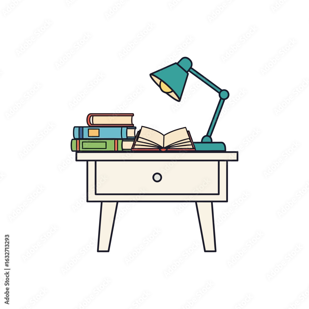 Poster books and open book under desk lamp on small table with drawer.