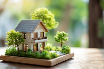 house financial investment Concept. A detailed architectural model of a house surrounded by greenery on a table.
