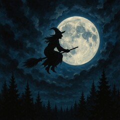 Dramatic Moonlit Night Scene of Witch Flying on Broomstick Over Forest with Glowing Full Moon and Cloudy Sky – Classic Witchcraft and Fantasy Imagery