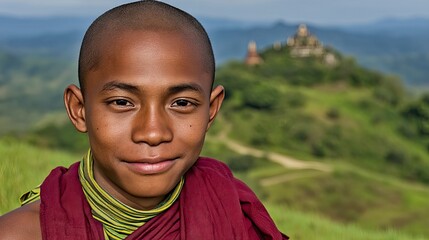 Young monk smiling against a serene landscape backdrop