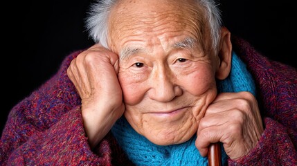 Joyful elderly man with a warm smile and cane