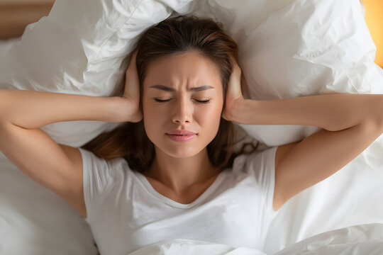 Woman in bed covering ears with pillow because of noise